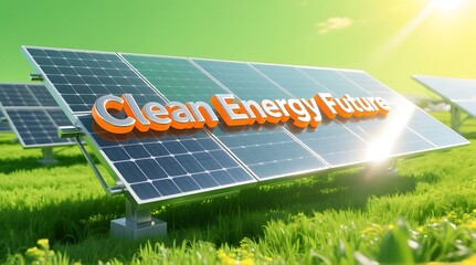 Solar panels in a green field with the words Clean Energy Future