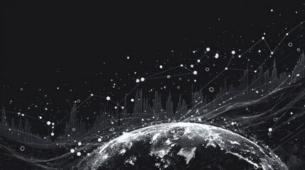Minimal global markets symbolized by dots and lines over dark space, modern abstract, monochrome with accents, vector illustration, data visualization