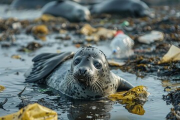 Obraz premium Harbor seal pup swimming among plastic trash in polluted water, highlighting environmental damage and marine life threats