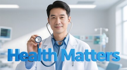 A smiling Asian doctor in a white coat holding a stethoscope in a modern hospital