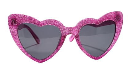 Pink glitter heart shaped sunglasses with dark lenses on black background sparkling