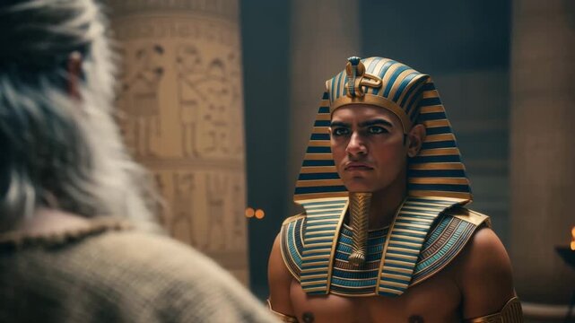 AI genereted video Biblical scene of Prophet Moses demanding Pharaoh to let his people go in ancient Egypt palace, Generative AI.