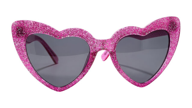 Pink glitter heart shaped sunglasses with dark lenses on black background sparkling