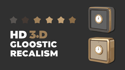 Illustration of two metallic safes with clocks and five stars on a dark gray background in hd d gloostic