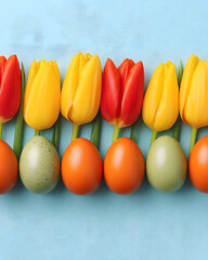 Easter celebration with colorful eggs and tulips spring vibes flat lay