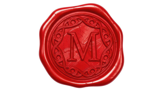 Red wax seal with ornate border and letter M embossed
