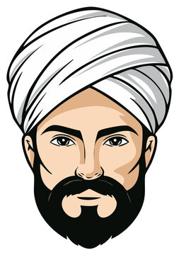 Graphic illustration portrait of a serious man with a black beard wearing a white turban