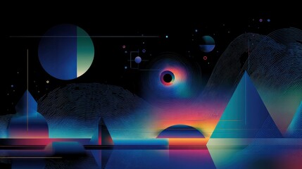 Night shimmer technology abstract side view digital future animation Triadic Color Scheme flat design. 