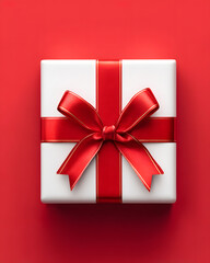 Celebration close-up minimalist gift box with red ribbon on festive scene