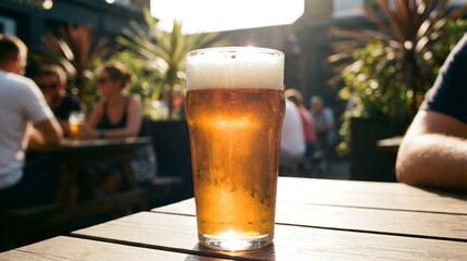 Pint of beer on a wooden table in an outdoor pub garden on a sunny day. Refreshing drink for happy hour and summer celebration.