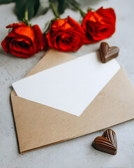 Romantic gesture roses chocolate and letter in cozy setting