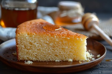 Delicious slice of honey cake with honey dripping on it, served on a wooden plate, with honey jar and dipper in the background