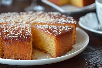 Slices of fresh semolina cake with sesame seeds topping, creating a tempting treat