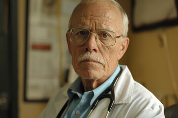 Senior doctor wearing glasses and lab coat with stethoscope in medical office