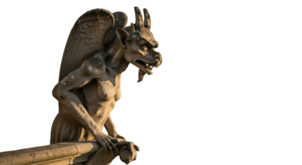 Stone gargoyle sculpture with wings on ledge against black background statue mythical creature