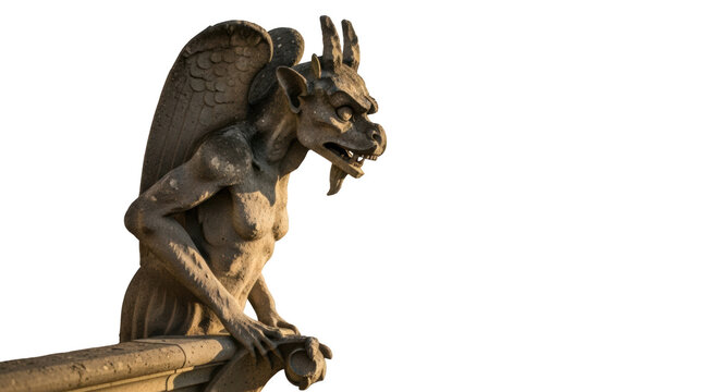 Stone gargoyle sculpture with wings on ledge against black background statue mythical creature