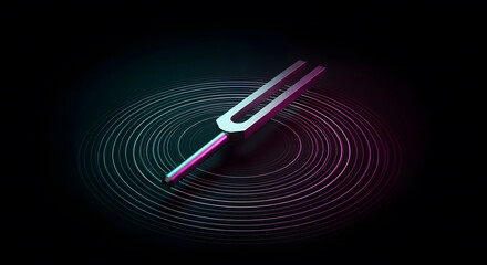 Metallic tuning fork generating circular sound waves on a dark b