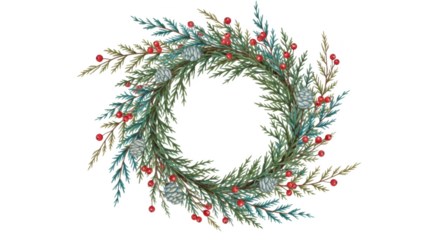 Watercolor Christmas wreath with pine branches red berries and pinecones on black background image