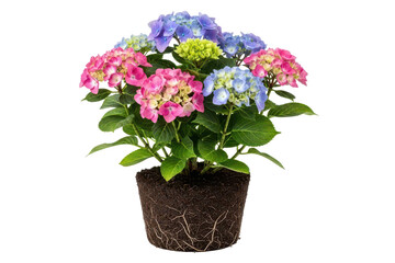 Blooming hydrangea plant with roots and soil, garden flower isolated background