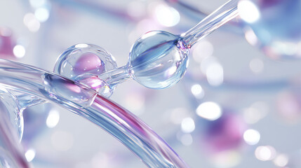 Translucent bubbles interconnect through smooth, curved strands, forming a complex structure that resembles molecular arrangements. The soft background enhances the focus on these forms and their