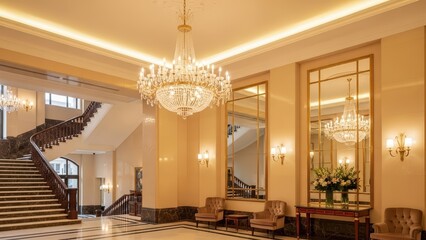 Elegant hotel lobby with grand staircase, crystal chandeliers, and luxurious decor