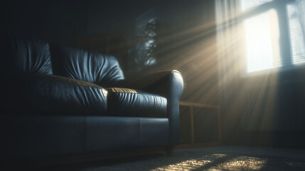 A dark room features a leather sofa illuminated by natural light streaming through a window. Rays of sunlight create a play of light and shadow across the sofa and floor, enhancing the atmosphere.