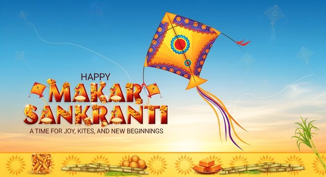 Happy Makar Sankranti Festival Greeting Banner with Colorful Kite and Harvest Theme