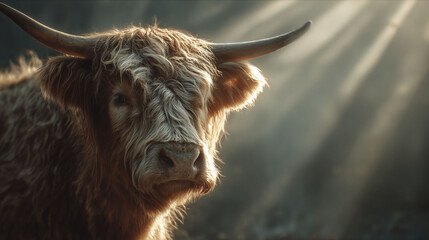A Highland cow is depicted in a close-up, showcasing its long, fuzzy hair and prominent horns. Sunlight filters through, illuminating its face and creating a soft, natural backdrop.
