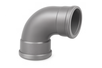 Gray plastic pipe elbow fitting for plumbing and water drainage systems with a transparent background