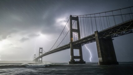 Dramatic lightning storm over suspension bridge with dark clouds and rolling waves
