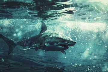 Fototapeta premium Majestic great white shark swimming underwater in blue ocean