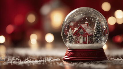 A snow globe features a small red house surrounded by miniature evergreen trees. Snowflakes appear to fall inside the globe, creating a winter scene. The background is softly blurred with warm lights.