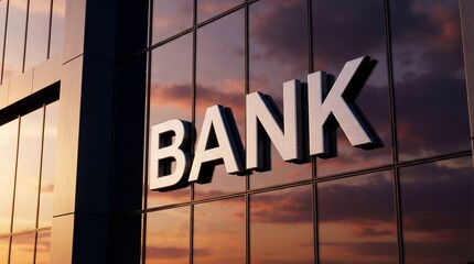 Exterior view of a modern bank building facade with signage at sunset