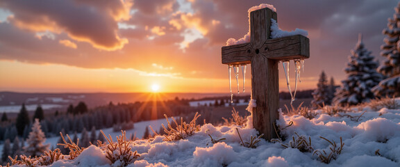 Wooden cross covered in snow at sunset during winter season, concept of Trifon Zarezan  
