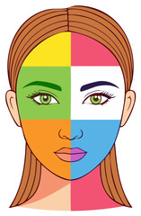 Colorful face chart. Woman in face chart mask with different colorful sections for skin tone or color matching