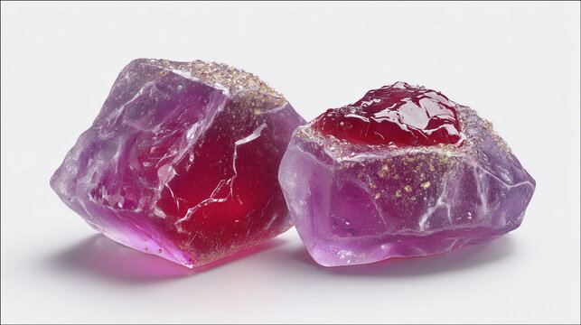 Two irregularly shaped, translucent purple and red objects rest on a white surface. They have a glossy finish, with the red part appearing slightly sticky. The arrangement suggests a food or