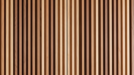 Obraz premium Vertical wooden slats form a repeating pattern with warm natural tones, creating a modern architectural texture suitable for interior design, backgrounds, walls, or minimalist decor. 