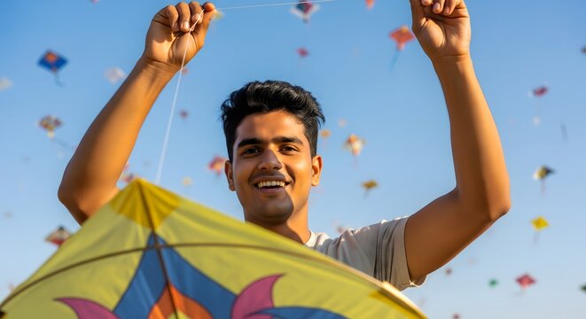 Excited Indian Man Flying Colorful Kite During Makar Sankranti Festival Celebration