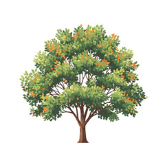 Illustration of a tree with green leaves and orange flowers on a white background.