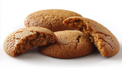 Brown cookies are displayed, some whole and one partially broken, exposing its texture. The surface is slightly grainy, suggesting a sugary or spiced flavor profile. These cookies may be enjoyed as a