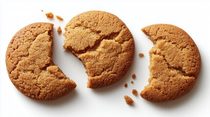 Three cookies are positioned on a white surface. Two are intact, while one is partially broken, revealing a crumbly texture inside. The cookies appear golden brown with a lightly sugared surface
