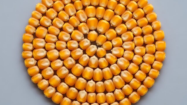 Circular pattern of golden corn kernels against a light gray surface