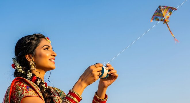 Indian Woman Flying Colorful Kite in Clear Blue Sky During Festival Celebration