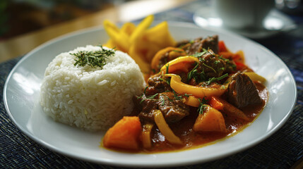 A plate contains white rice shaped into a mound, paired with a meat stew featuring vegetables, potatoes, and bell peppers in a reddish sauce. A few fries complement the dish, adding variety.
