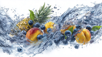 Peaches, blueberries, and a pineapple are being splashed by water, creating dynamic waves around them. The water highlights the fruits&rsquo; colors while green leaves add to the natural appearance