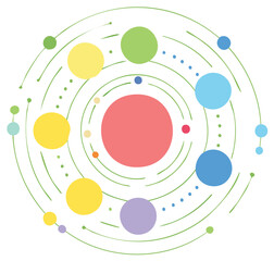 Obraz premium Colorful abstract planet system orbits around red star vector illustration on white