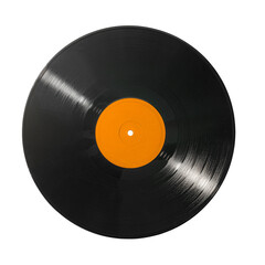 Black vinyl record with an orange center label isolated on a white background. Minimalist studio shot symbolizing music, analog sound, retro culture, and classic audio media.