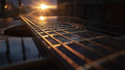 A close-up view of an acoustic guitar highlights the strings, fretboard, and body. A sunset reflects onto the polished surface, creating a warm glow. The background is softly blurred, emphasizing the