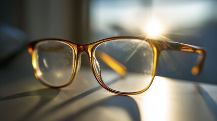 A pair of brown eyeglasses is positioned on a surface. The lenses reflect light and display some dust. The background features blurred shapes and soft lighting, contributing to a tranquil atmosphere
