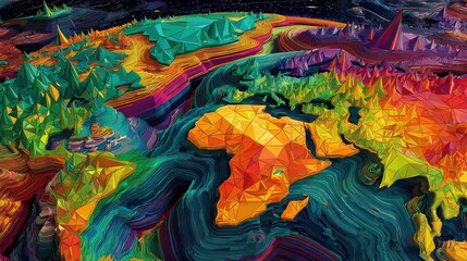 Surreal global market ecosystem with data rivers and geometric continents, psychedelic style, vibrant colors, digital painting, macroeconomic flow
